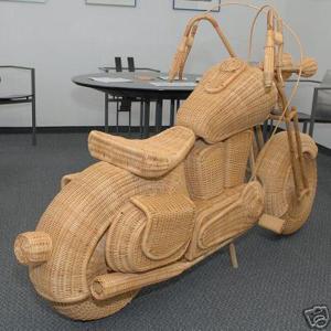 A motorcycle made from woven baskets.